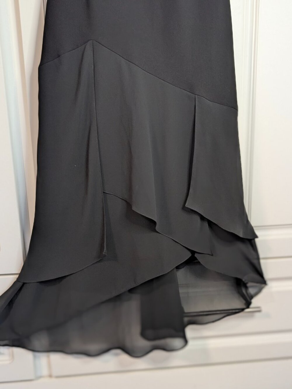 Vintage 90s Black Chiffon Asymmetrical Ruffle Hem Midi Dress 8 Romantic EUC 🖤 - Picture 5 of 15